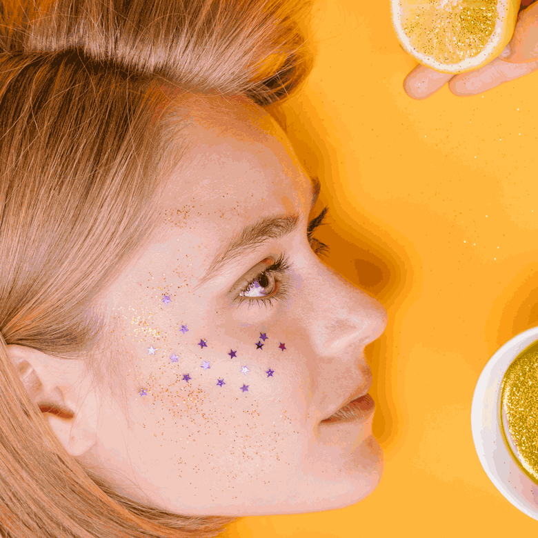 Top view woman with cup lemonade yellow scene