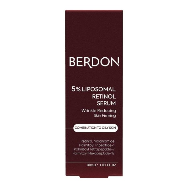جعبه سرم رتینول 5% لیپوزومال بردون در کنار بطری شیشه‌ای تیره محصول، مناسب پوست مختلط تا چرب 